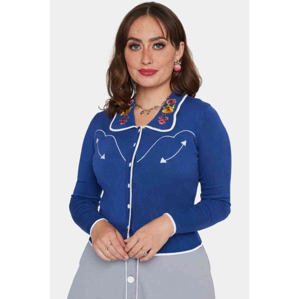 Voodoo Vixen - Floral Western Contrast Piping Cardigan - Blauw